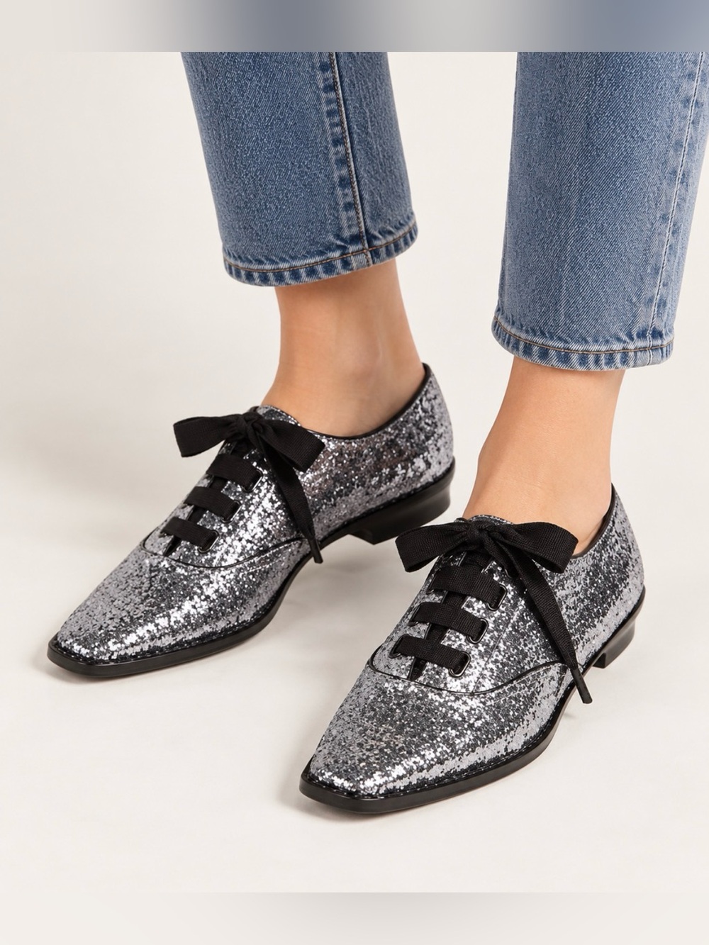 Marc Jacobs Brittany Y2K Silver Glitter Oxford Shoes Ribbon Lace Up Statement